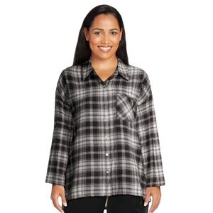 NEW Black White Long Sleeve Plaid Cotton Flannel Faux Sherpa Fall Winter Top XL